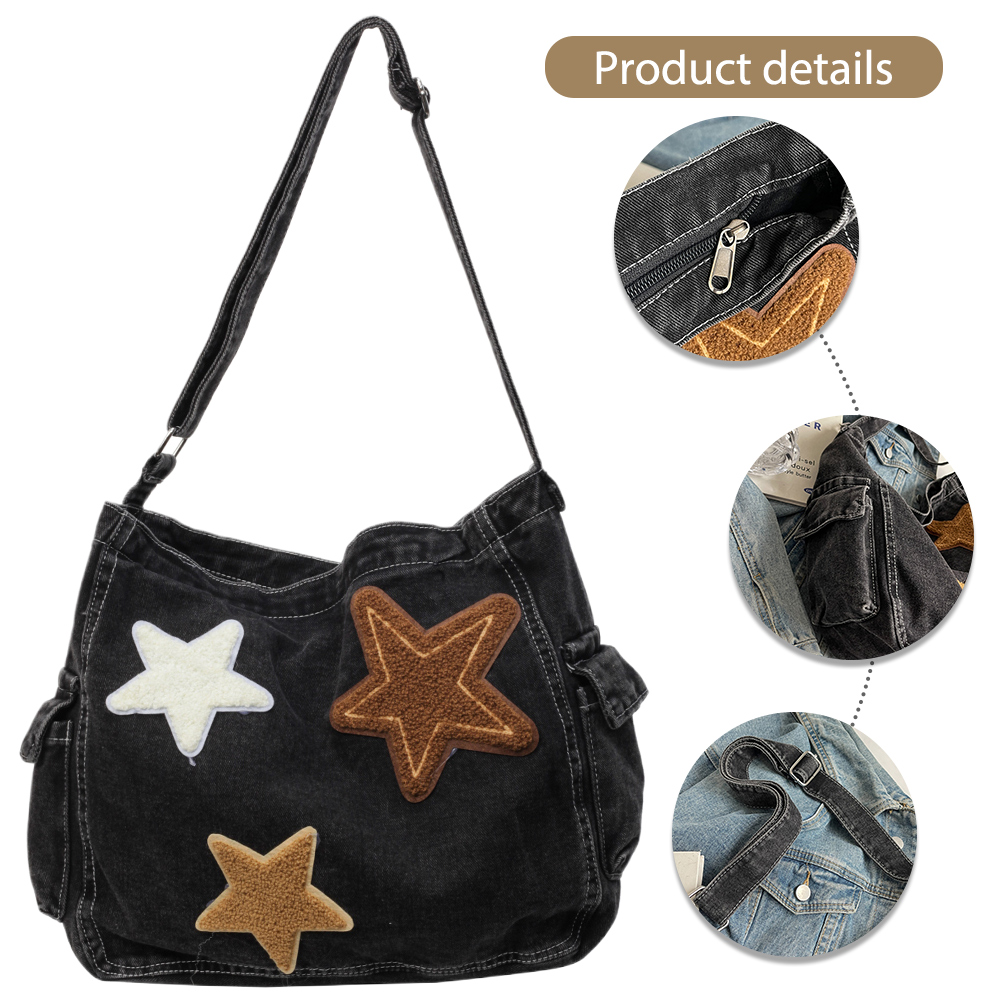 Star Denim Shoulder Bag Multi Pocket Tote Bag Trendy Crossbody Bag Retro Hobo Bag Large Capacity Messenger Bag for Women