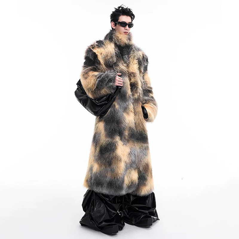 FEWQ mens faux fur long coat autumn and winter mink cardigan long sleeved scarf mens top 24E5164 241107
