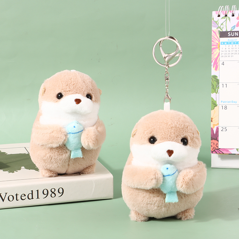 Cute Plush Doll Wishing Fish Holding Otter Keychain Pendant Creative Machine Catching Doll Toy Book Bag Pendant Toy Gifts