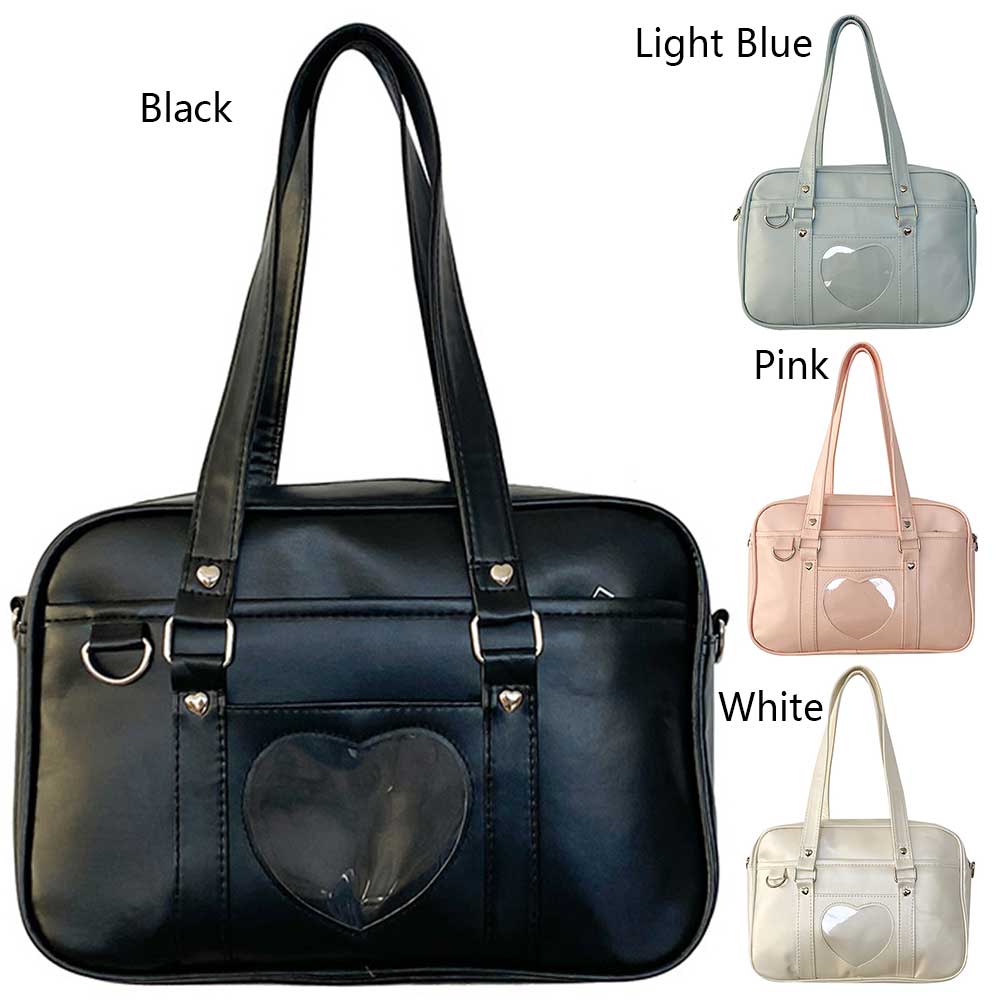 Women Girls Cosplay Satchels Large Capacity PU Comic Shoulder Bag Transparent Love Heart Adjustable Strap for Shopping Commuting