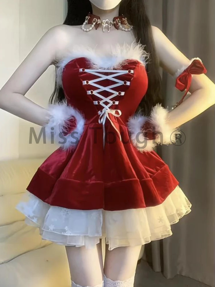 Winter French Fashion Sweet Christmas Dress Women Sense Lace Patchwork Lace Waist Red Dresses Sexy Retro Clothes 2024 241107
