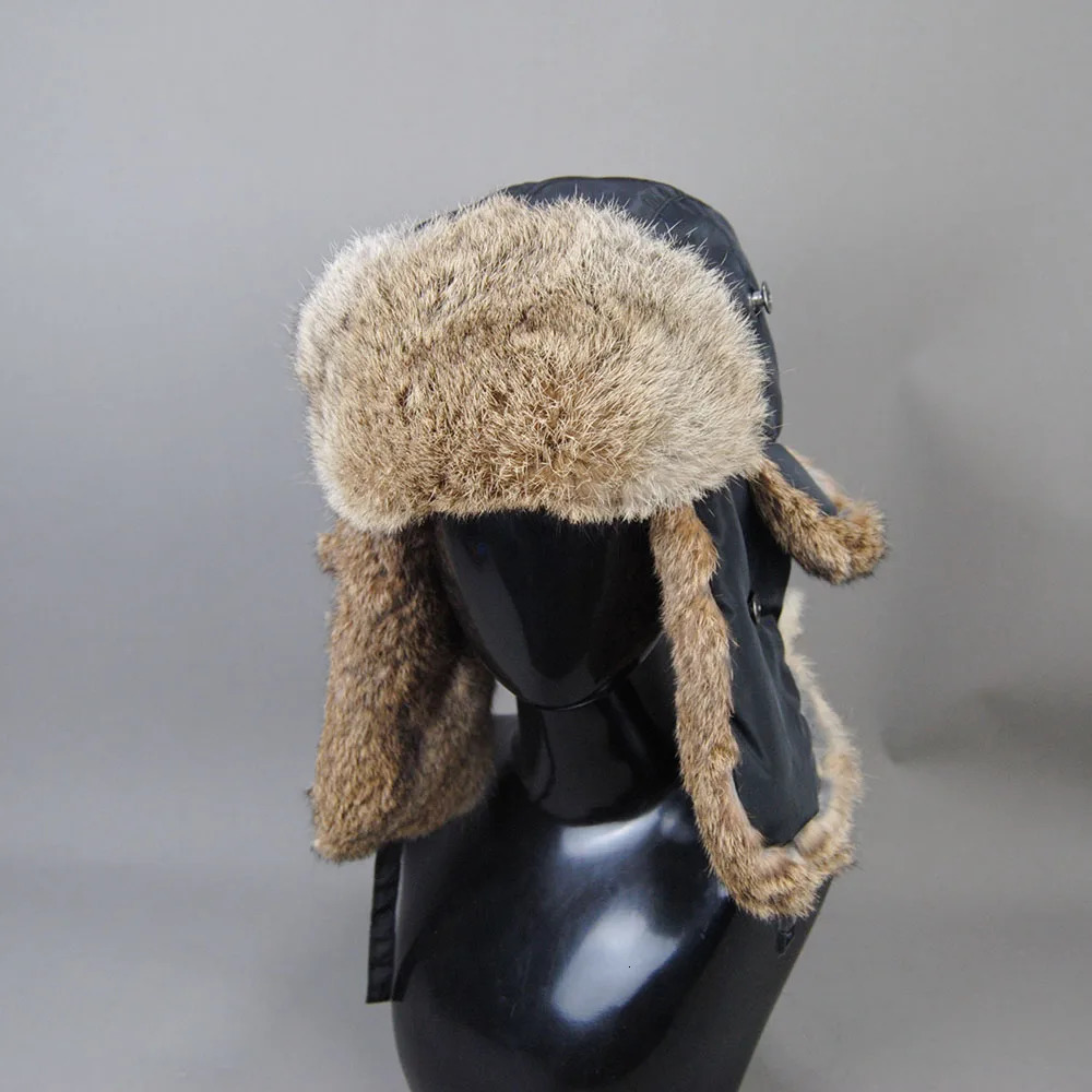 Womens winter real rabbit fur hat windproof super bomber natural soft warm hat earmuffs mens flat Russian style pilot hat 241106