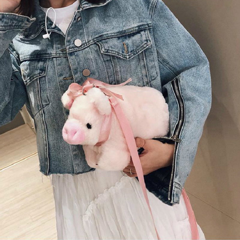 Y2k Cute Pig Shoulder Bag Plush Stuffed Animal Crossbody Bag Women Fashion Winter Soft Purse Cartoon Handbag Phone Money Storage