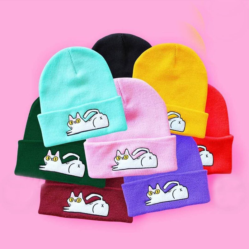 High quality design, Cute Lazy Cat Embroidered Knitted Warm Hoodie Hip Hop Hairline Hat for Male and Female