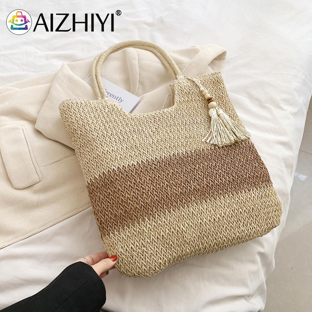 Summer Top-handle Bag Contrast Color with Tassels Beach Vacation Bags Large-Capacity Handmade Fashion Casual for Seaside Holiday