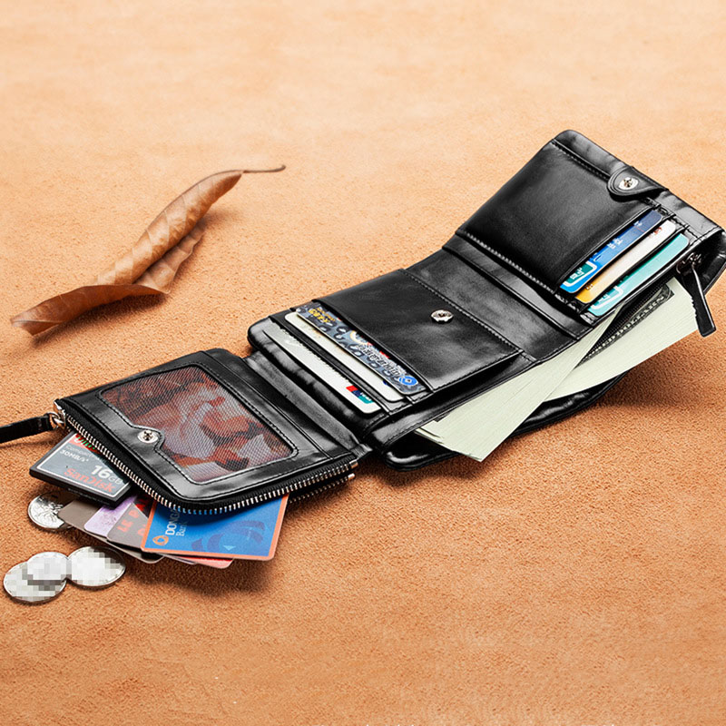 New Men's Wallet RFID Anti Theft Short Zipper Three Fold Business Card Holder Money Bag Purse Genuine Leather Wallet Male