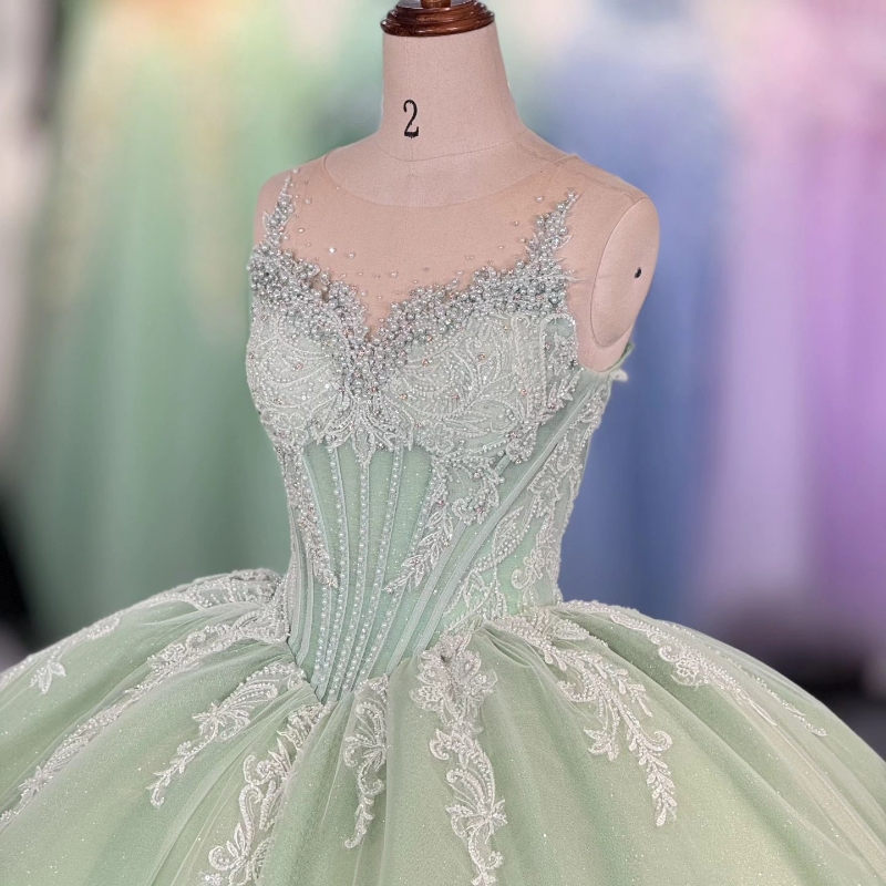 Sparkly Green Quinceanera Dresses Ball Gown Sequin Lace Applique Beading Crystal Tull Corset Sweet 16 Dress Vestidos De 15 quinceanera Anos