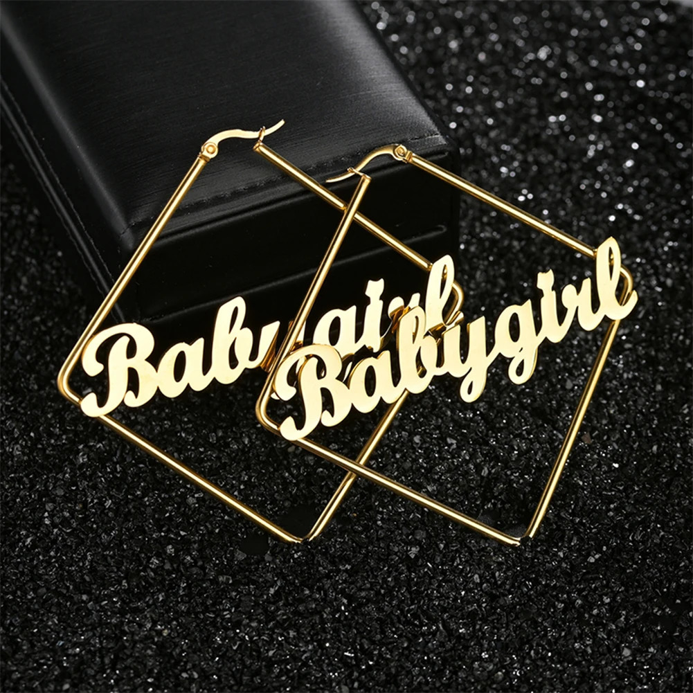 YHUISO Customized Name Ring Earrings Personalized Letter Name Plate Stainless Steel Gothic Flower Emblem Earrings 241106
