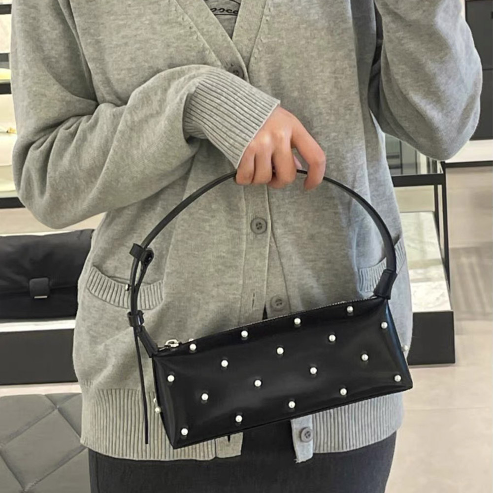 Women Simple Tote Handbag Versatile Adjustable Strap Pearl Armpit Bag PU Leather Underarm Handbag Ladies Commuting Zipper Bag