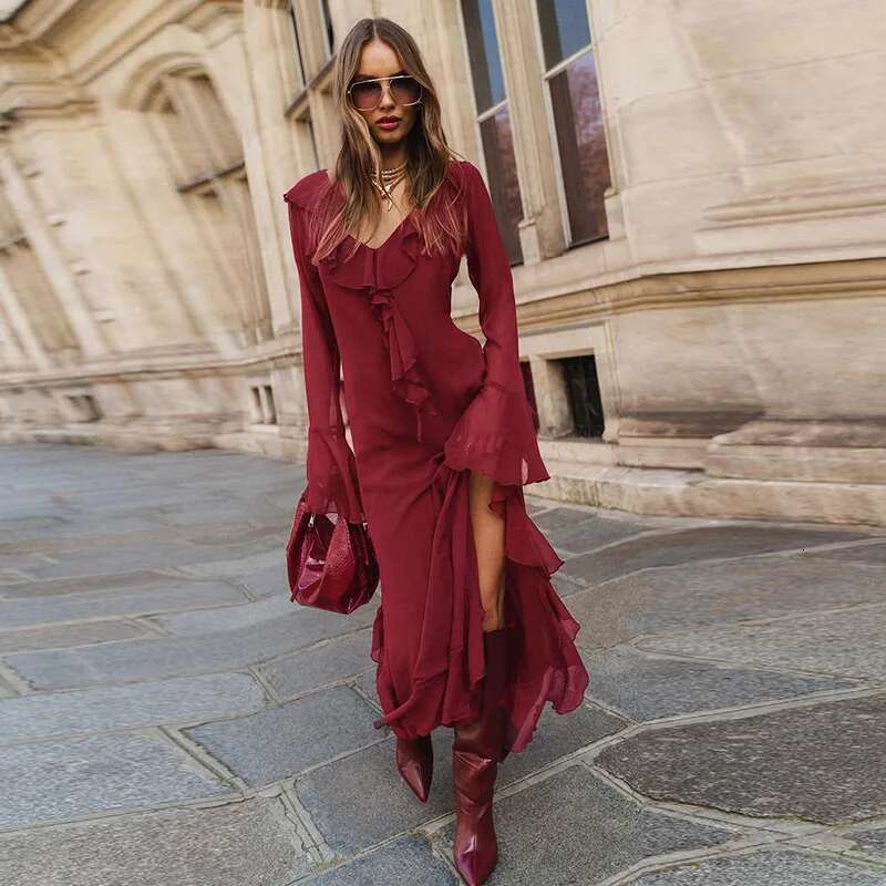 Talenza Ruffled Mesh Women's Red V-Neck Long Sleeve Elegant Maxi Skirt High Waist Vintage Patchwork Robe Party Dress