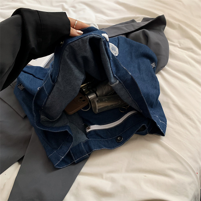 Oversized Double-sided Shoulder Bags For Women Denim Fabric Letter Decor Large Capacity Shopper Totes 2024 Summer Latest Handbag