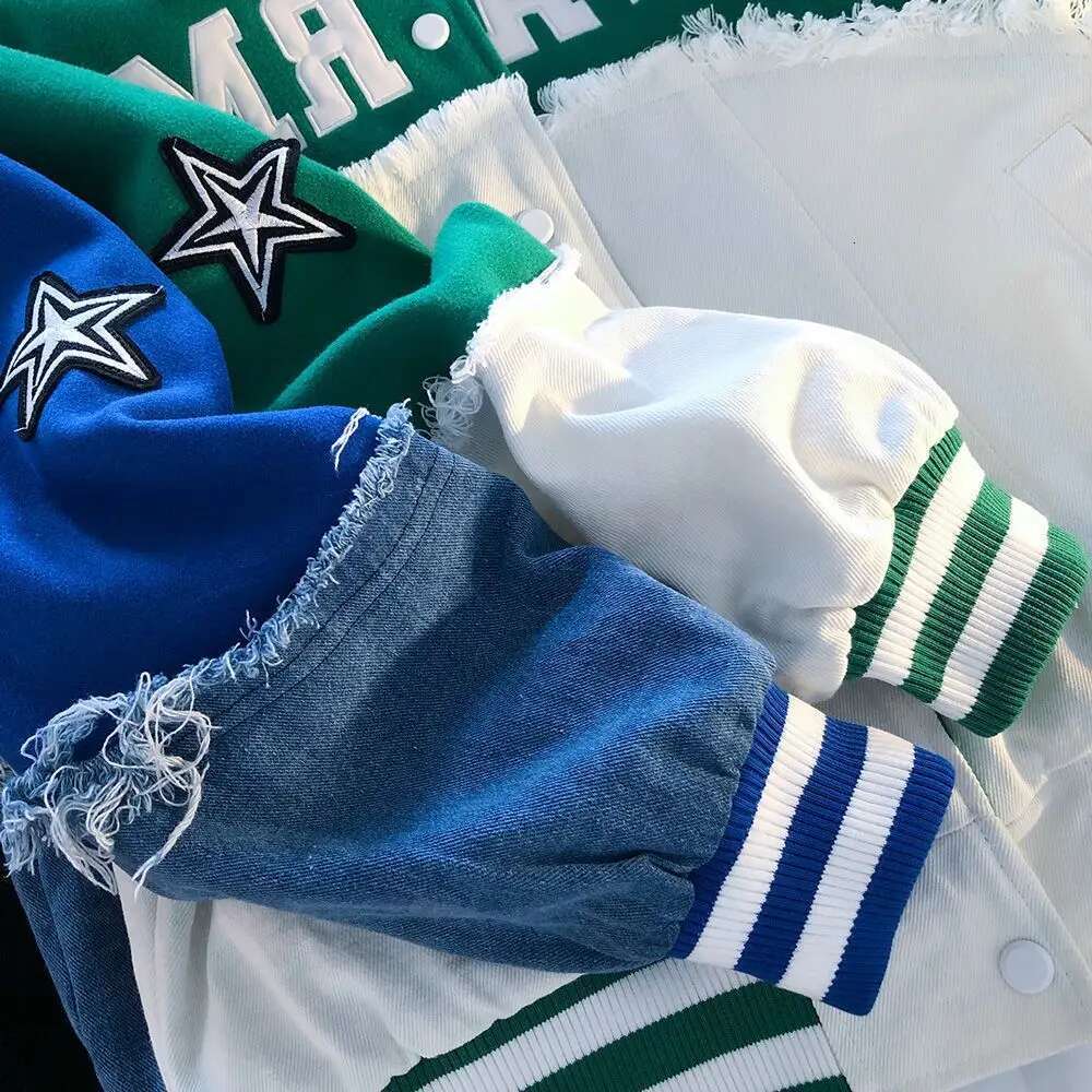 Klein Blue Denim Ing Baseball Uniform Women Spring And Autumn Thin Lapel Couple Men Jacket American Retro Trend