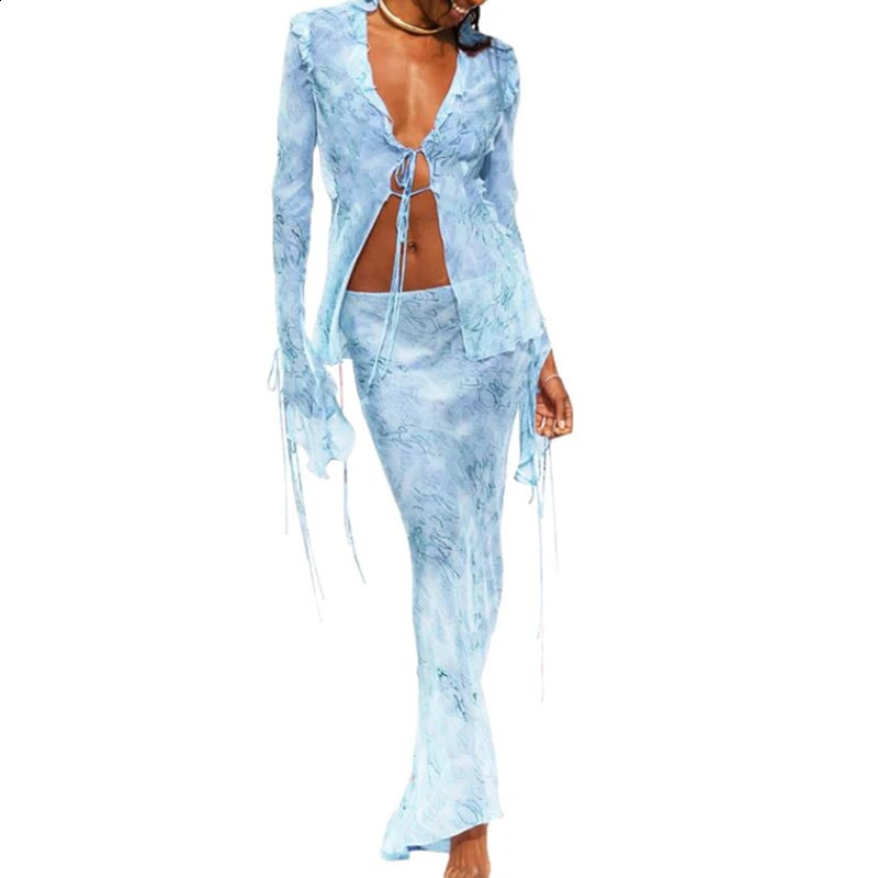 Xingqing Ruffle 2 Piece Set Women Floral Print Long Sleeve Mesh Crop Top and Low Waist Skirt Fairy Grunge Outfit Clubwear 240401