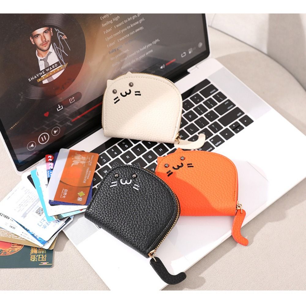 Cartoon Cat Mini Card Wallet Small Ultra-thin Zipper Card Holder PU Leather Coin Purse Women Girls
