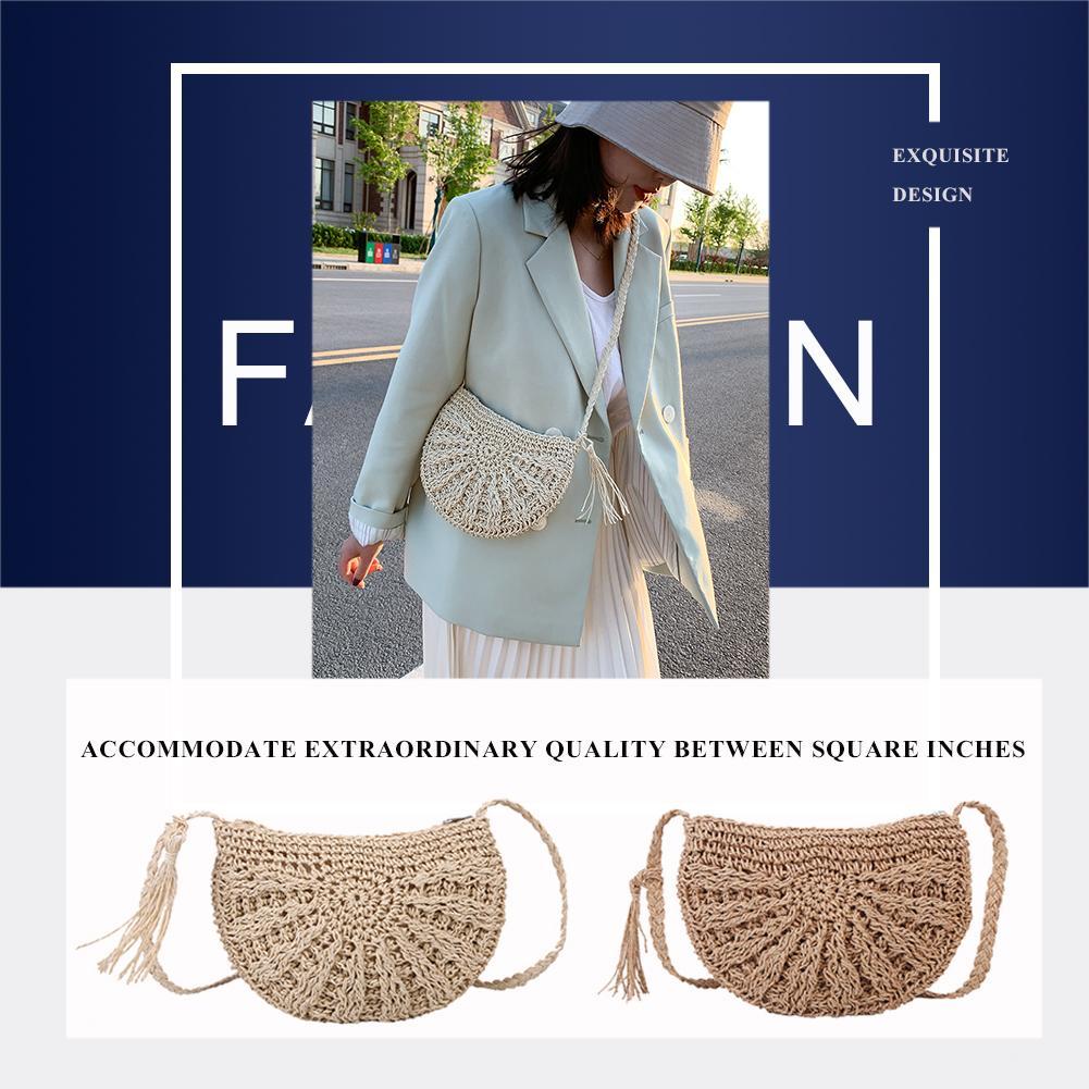 Leisure Straw Rope Handmade Woven Purse Semicircle Summer Vacation Shoulder Crossbody Bag Casual Shouder Bag Beachwear
