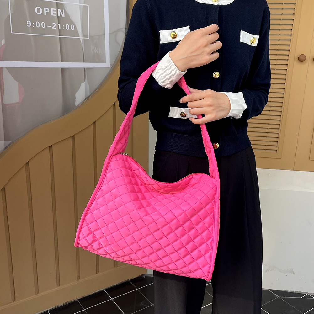 Lightweight Plain Check Bag Zipper Closure Women Quilted Handbag Underarm Bag Solid Color Big Capacity for Shopping Traveling