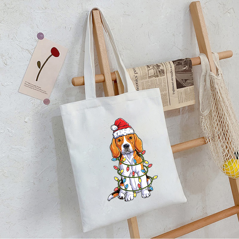 Beagle Santa Christmas Tree Lights Xmas Canvas Shopper Shoulder Bag Women Designer Handbags Casual Woman Shopping Tote