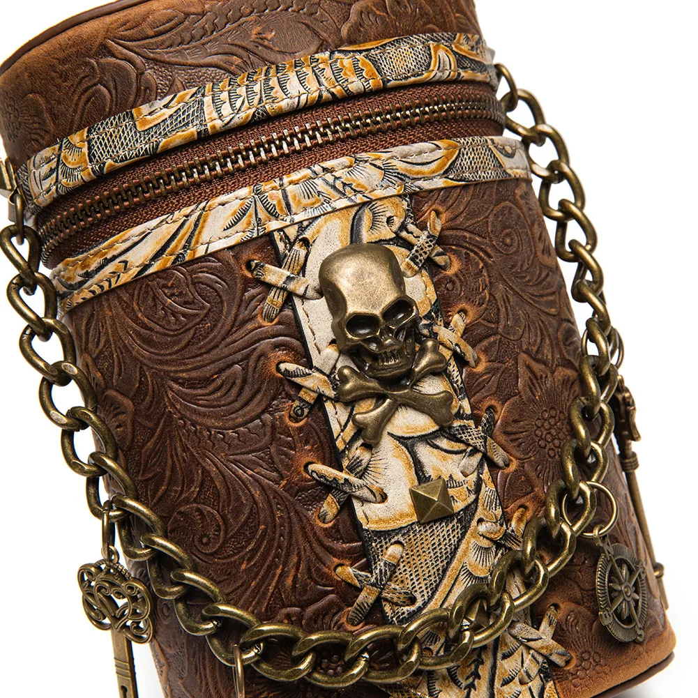 Gear Gothic Woman Leather Bucket Medieval Steampunk Messenger Bag Punk Waist Bag Skull Decoratived Chain Single Shoulder Bag