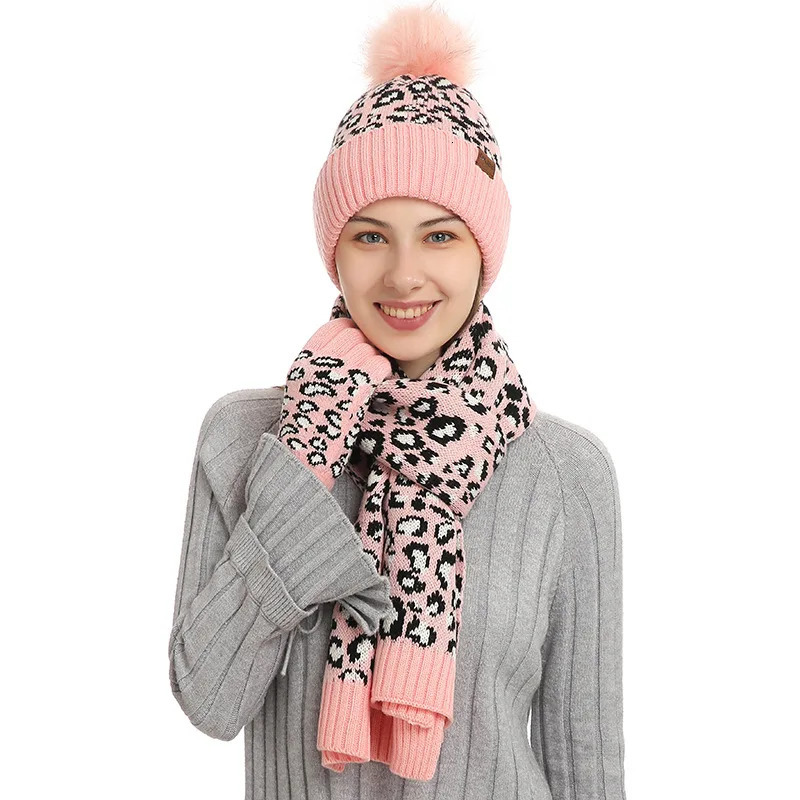 Womens Winter Warmth Set with Wool Lining Beanie Telefingers Gloves Thick Scarf Knitted Muffler Hat Leopard Neckerchief 241107