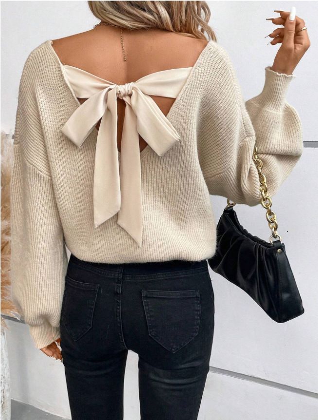 2025 Casual And Fashionable Popular Women's Sweaters With Flowers And Sexy Backless Straps V-neck Hooded Sweatshirt Long Sleeved Knitted Sweater 