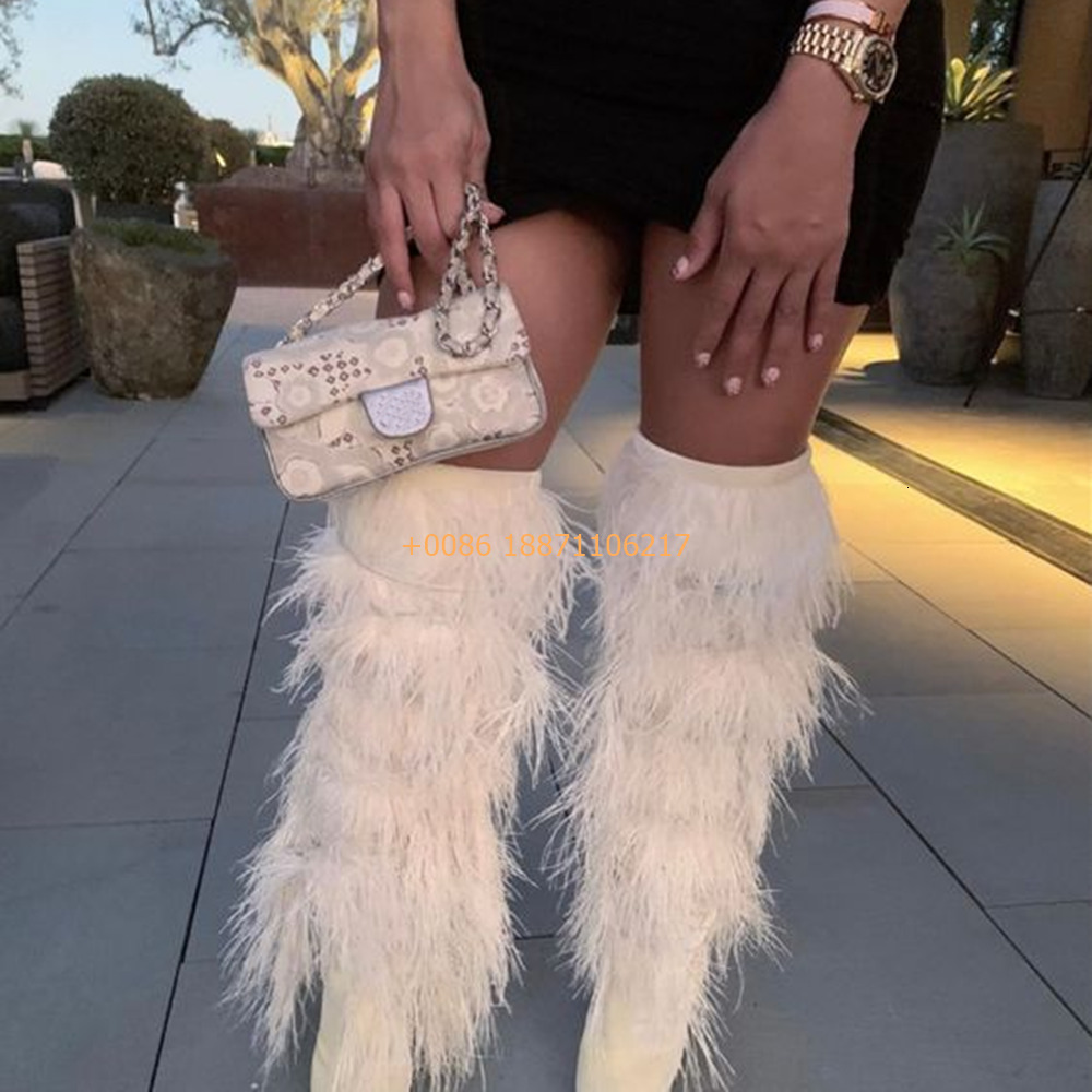 Sexy Ladies Catwalk Knee-High 2024 Autumn Winter Pointed Black Furry Model Stilettos Fashion Party Casual Street Long Boot