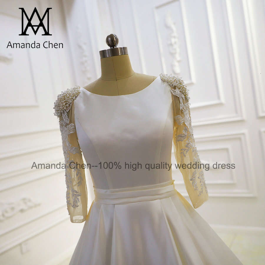 bruidsjurken 3/4 Sleeves Lace Appliques Beading Satin Wedding Dress