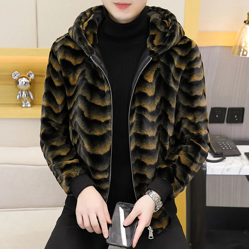Winter faux fur mink jacket mens thick faux fur hooded jacket ultra-thin casual business social jacket mens clothing 241107