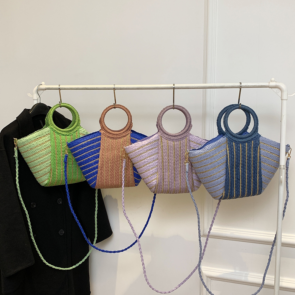 Women Straw Shoulder Bag Color Contrast Striped Straw Handbag Large Capacity Simple Satchel Bag Ladies Summer Daily Bag