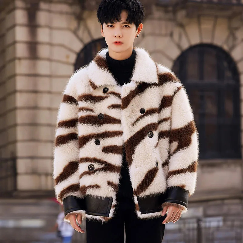 LUZHEN mink winter jacket with warm and thick personalized zebra stripe n fashionable leather decal mens apron Coats LZ6575 241107