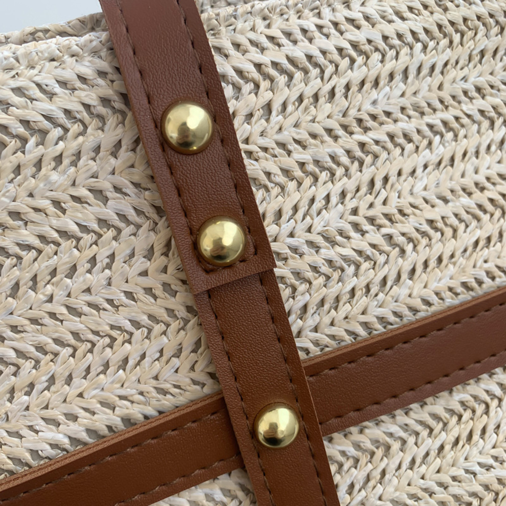 Women Straw Tote Handbag PU Patchwork Weaving Travel Bag Large Capacity Minimalist Tote Bag Ladies Summer Daily Bag