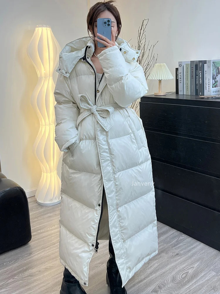Janveny womens down jacket womens casual thick duck down jacket hooded womens waterproof Parkas jacket with belt 241107