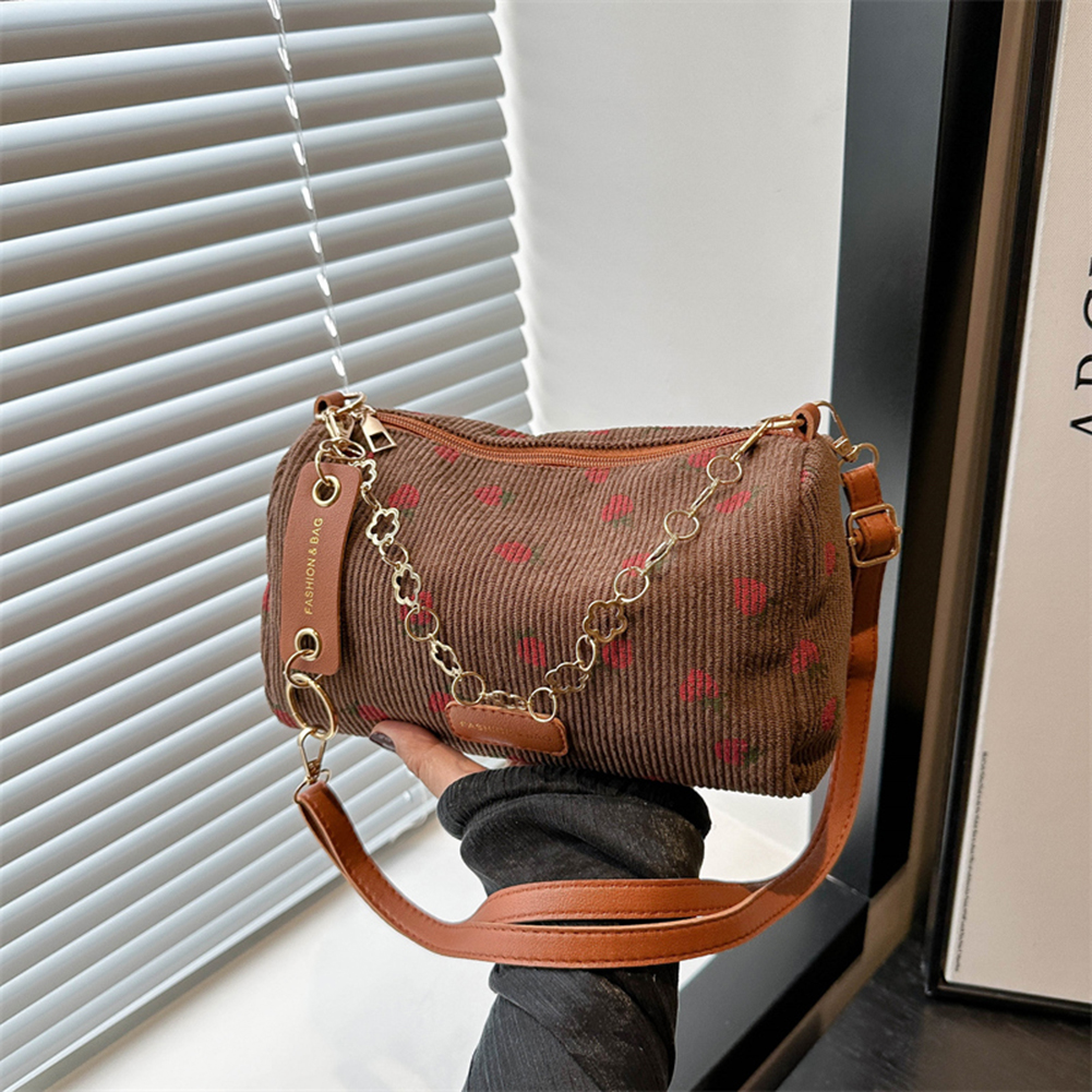 Cute Strawberry Print Shoulder Bag Corduroy Trendy Crossbody Bag with Adjustable Strap Designer Tote Bag for Women