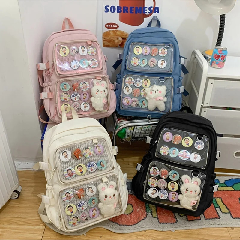 Ita backpack big backpack cute transparent pocket for pin display anime transparent womens Kawai personalized student bag 241107