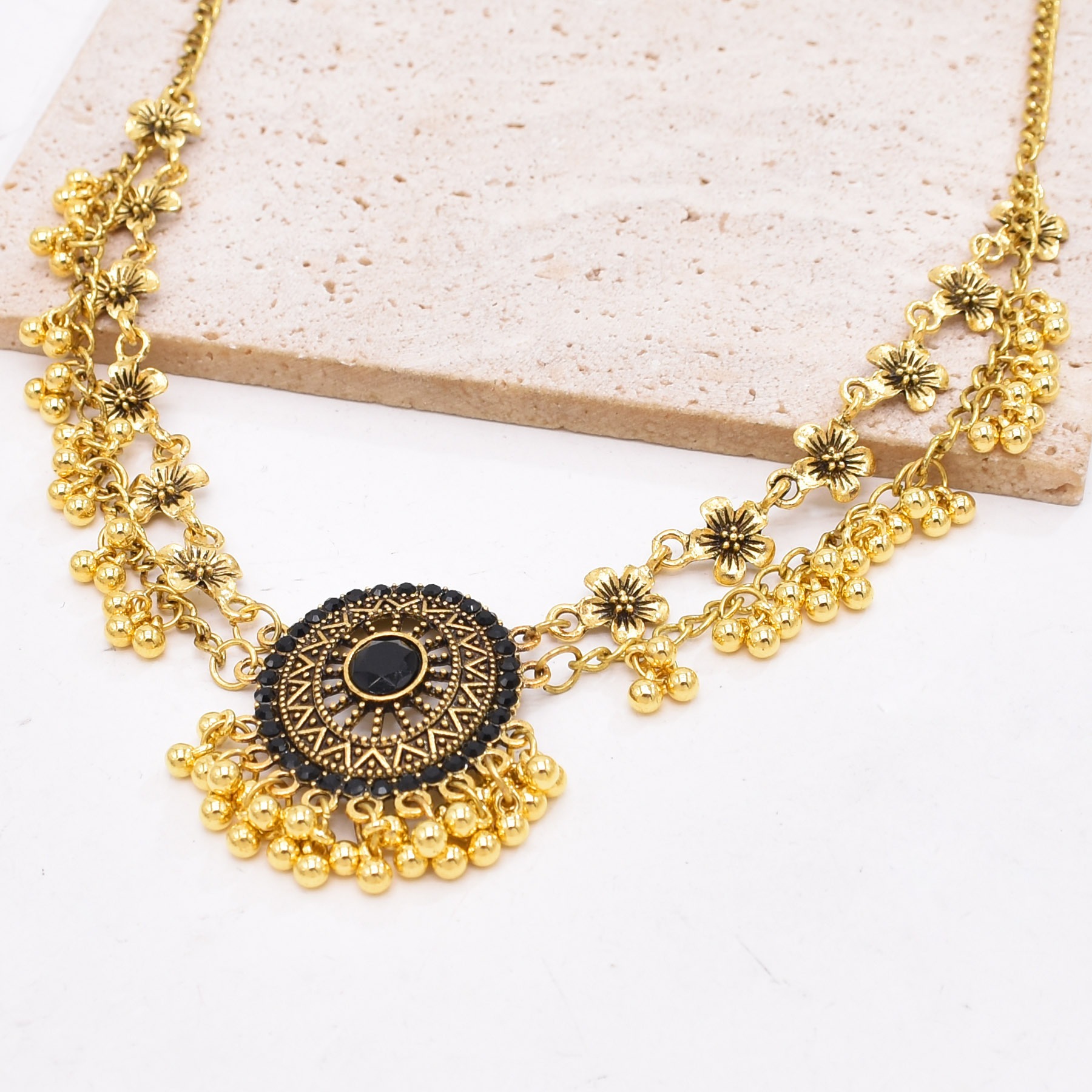 Ethnic Style Retro Oval Gemstone Necklace Women's Dual-use Exotic Style Vintage Diamond Inlaid Flower Bell Tassel Hair Accessory