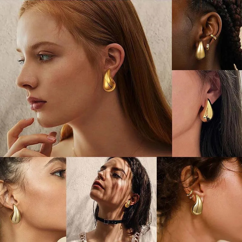 Vintage Gold Color Waterdrop Stud Earrings for Women Fashion Metal Glossy Thick y Teardrop Jewelry Gifts 241106