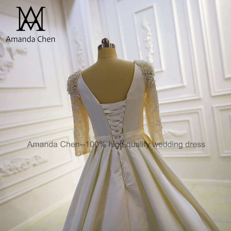 bruidsjurken 3/4 Sleeves Lace Appliques Beading Satin Wedding Dress