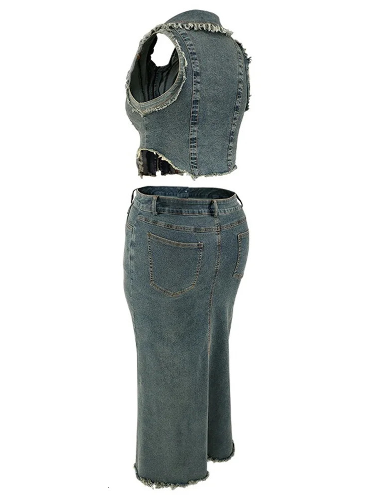 Wmstar Women Plus Size Denim Skirts Sets Two Piece Set Casual Summer Turn-down Collar Crop Tops Streetwear Matching Suits 2024 241107