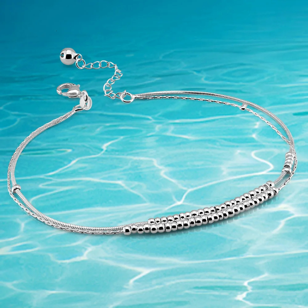 Womens summer 925 silver double bead ankle bracelet beach party jewelry sandals ankle bracelet silver bracelet girls birthday gift Tornozeleira 241107