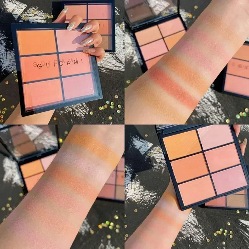 Guicami six color powder blusher board shadow almond orange nude makeup natural powder blusher palette focus powder blusher face 241107