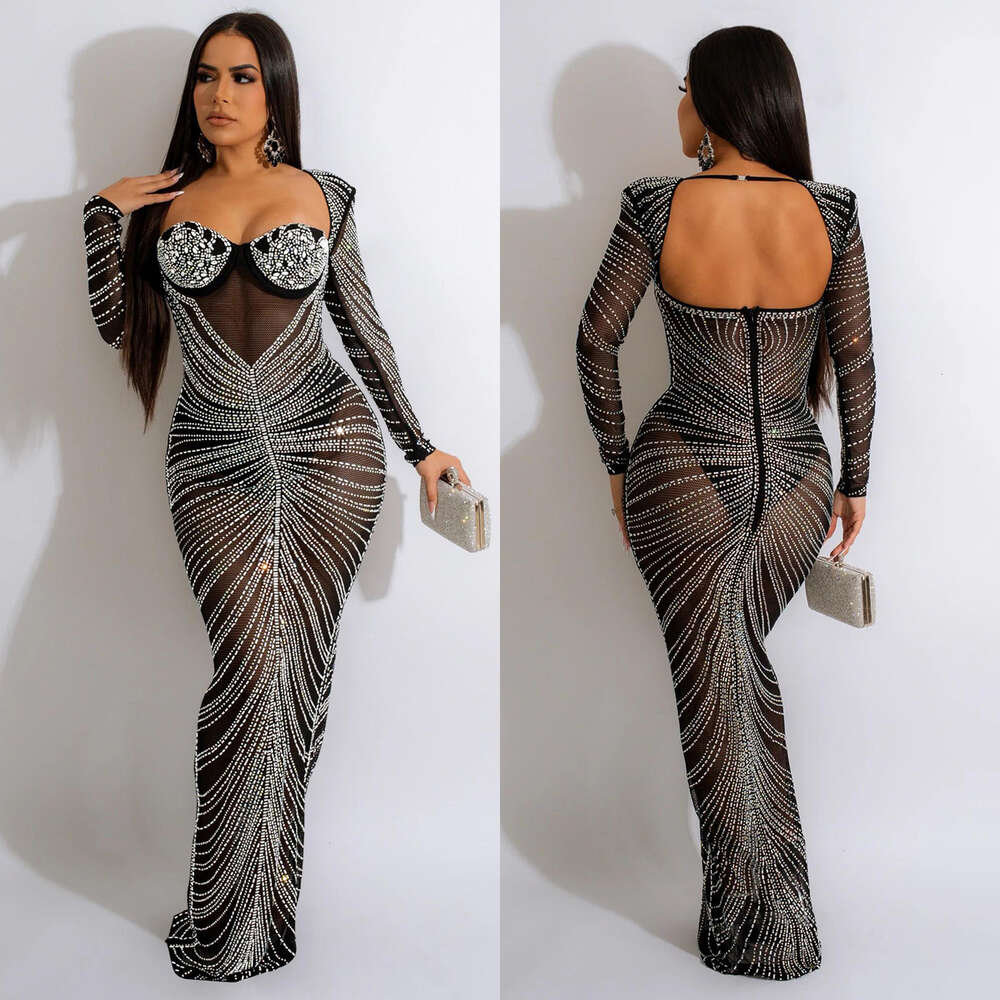 Fashion Women's Hot Diamond Mesh Perspective Sleeve Long Dress F4798 dongdumaoyi