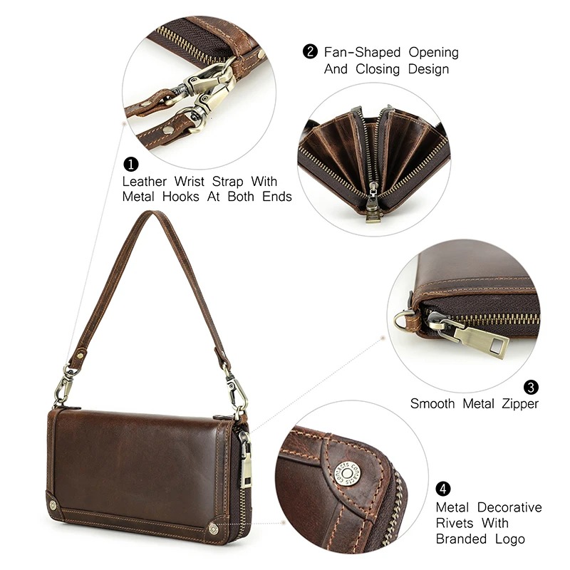 100%Genuine Leather Men Long Wallet Large Capacity Male Clutch Zipper Coin Cellphone Pocket Card Holder Casual Purse
