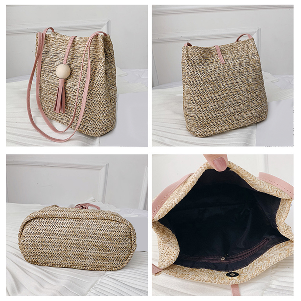 Fashion Summer Beach Women Straw Weave Handbag Wooden Ball Tassel Tote Shoulder Bag