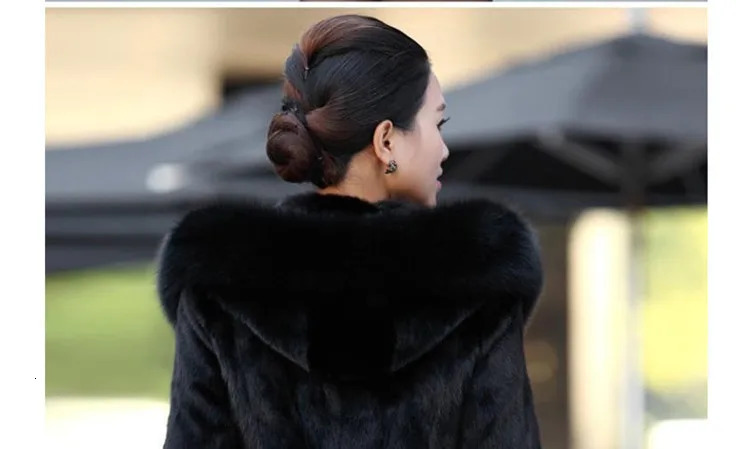 Womens faux fur coat in winter warm black fox fur long round neck hat warm young womens style 241107