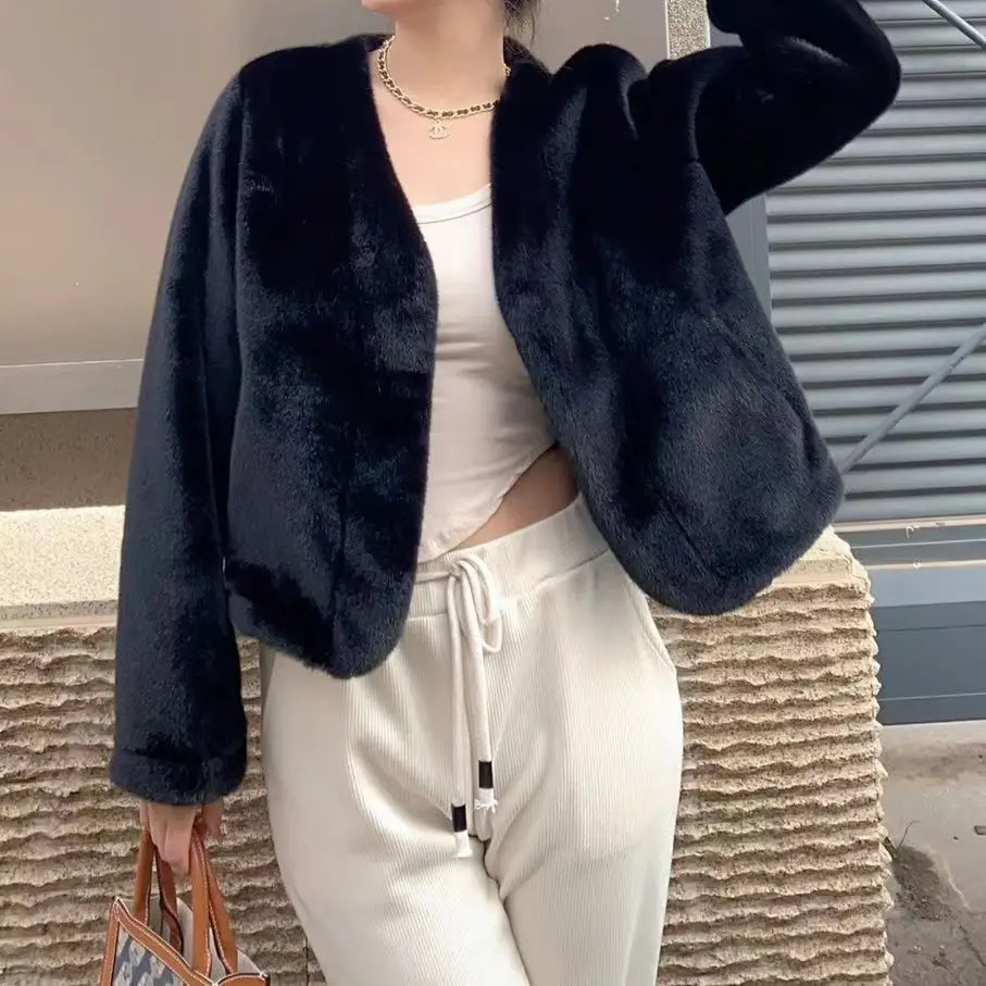 Korean style womens winter faux mink coat high-quality lace jacket long loose thick warm jacket 241107
