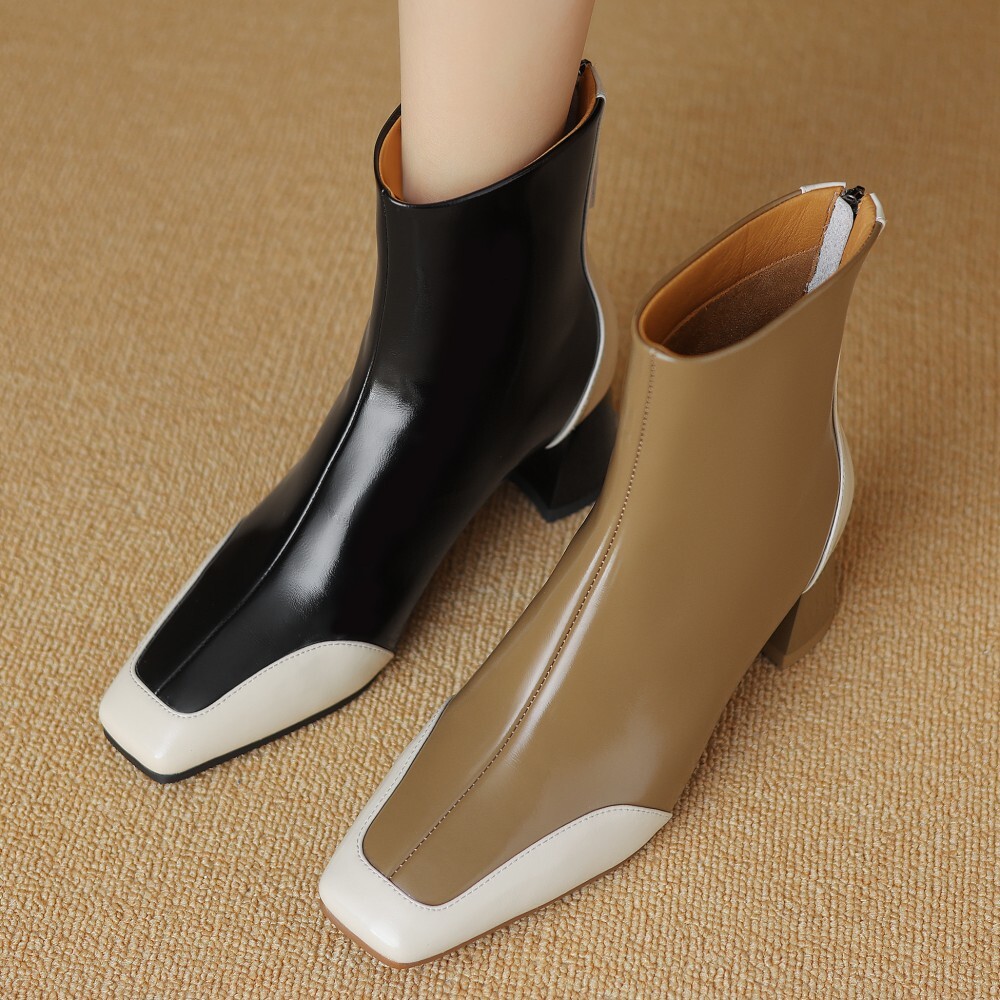 Plus Size 34-42 Women's Genuine Leather Autumn Ankle Boots Mix Color Patchwork Elegant Ladies Daily Dress Heeled Short Booties