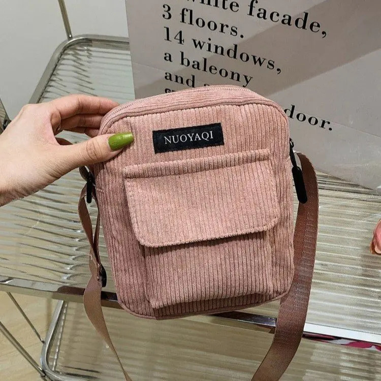Women Corduroy Shoulder Bags Striped Cloth Fabric Handbags Casual Zip Tote Canvas Crossbody Bag Cute Shopping for Ladies 241106
