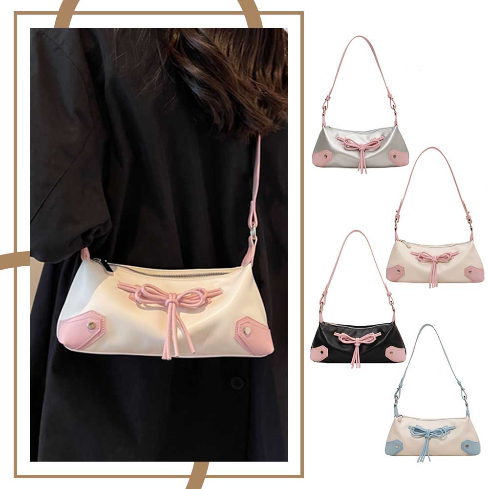 Bow Tie Chic Y2K Handbag PU Leather Shoulder Purse Contrast Color Clutch Purse Shopping Dating Bag for Women and Girls