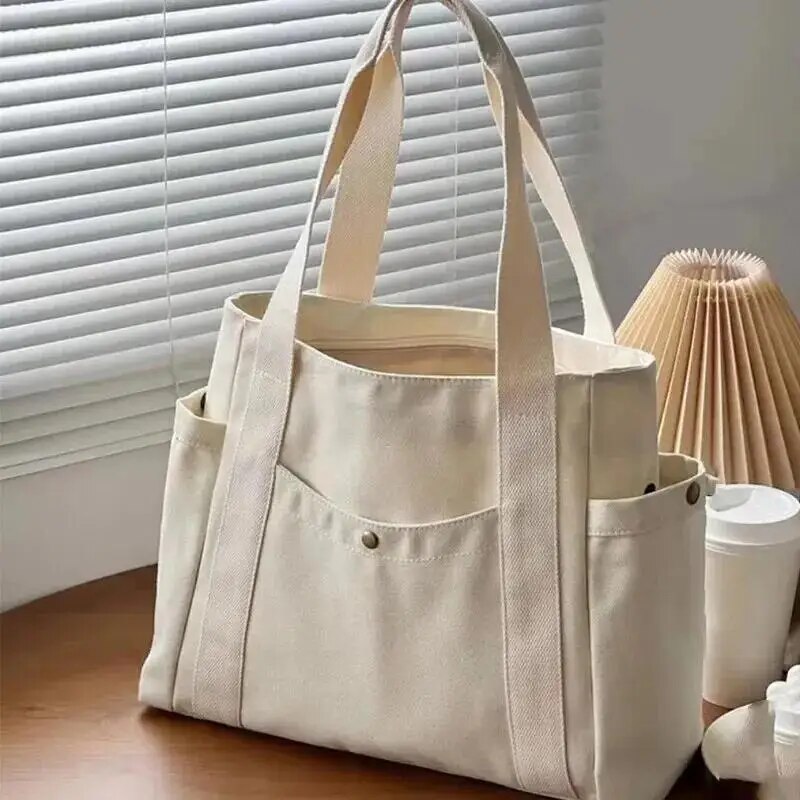 Canvas Women's Shoulder Bag Large Capacity Multiple Outer Pocket Zipper Tote Bag Student Handbag Shopping