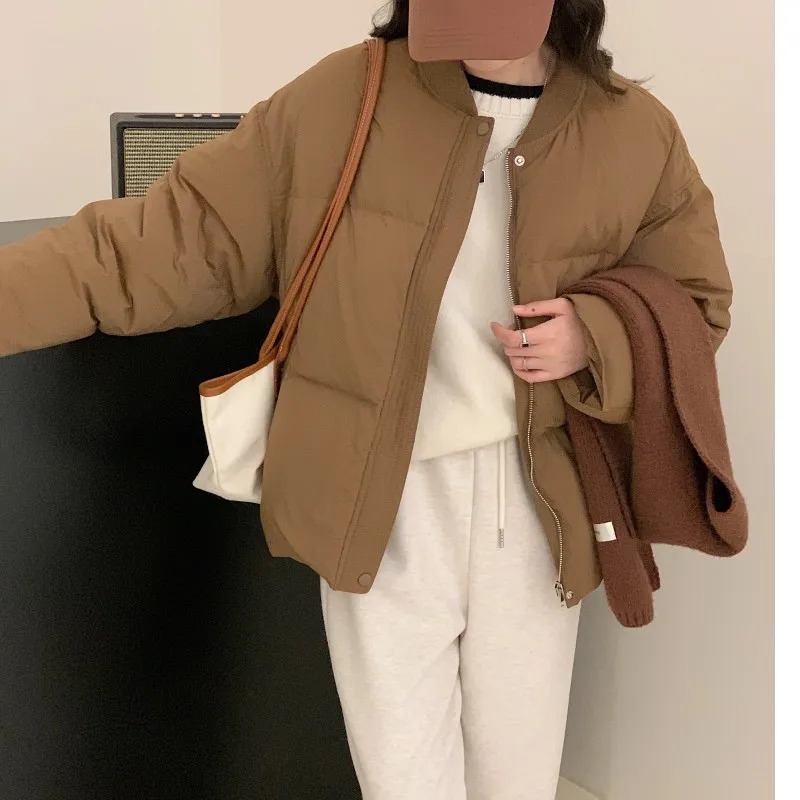 Womens jacket white down fashionable stand collar solid windproof duck down womens down jacket winter brown short 241107