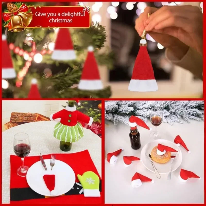 Mini Christmas hat velvet wine bottle cap lollipop cap Christmas cutlery rack hat wrapping Christmas party table decoration gift 241106
